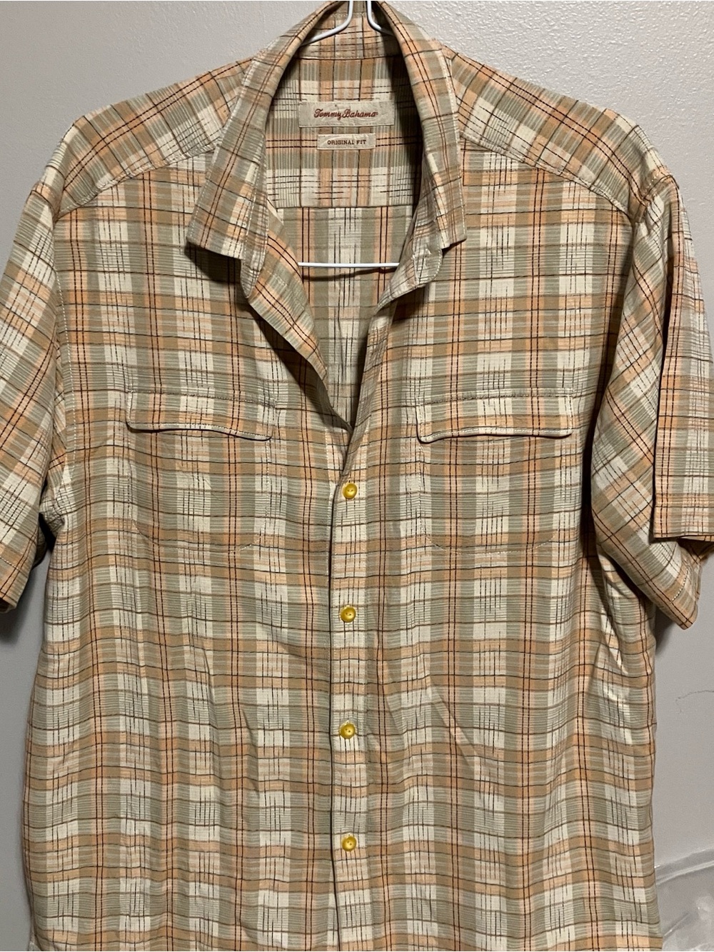Tommy Bahama 100% silk Short-Sleeve Plaid Button-Up Shirt - Beige, Tan, Cream